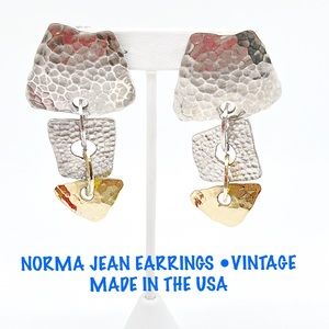 Vintage Norma Jean Clip On Two Tone Dangle Earrings, Hammered, EUC, Made in USA